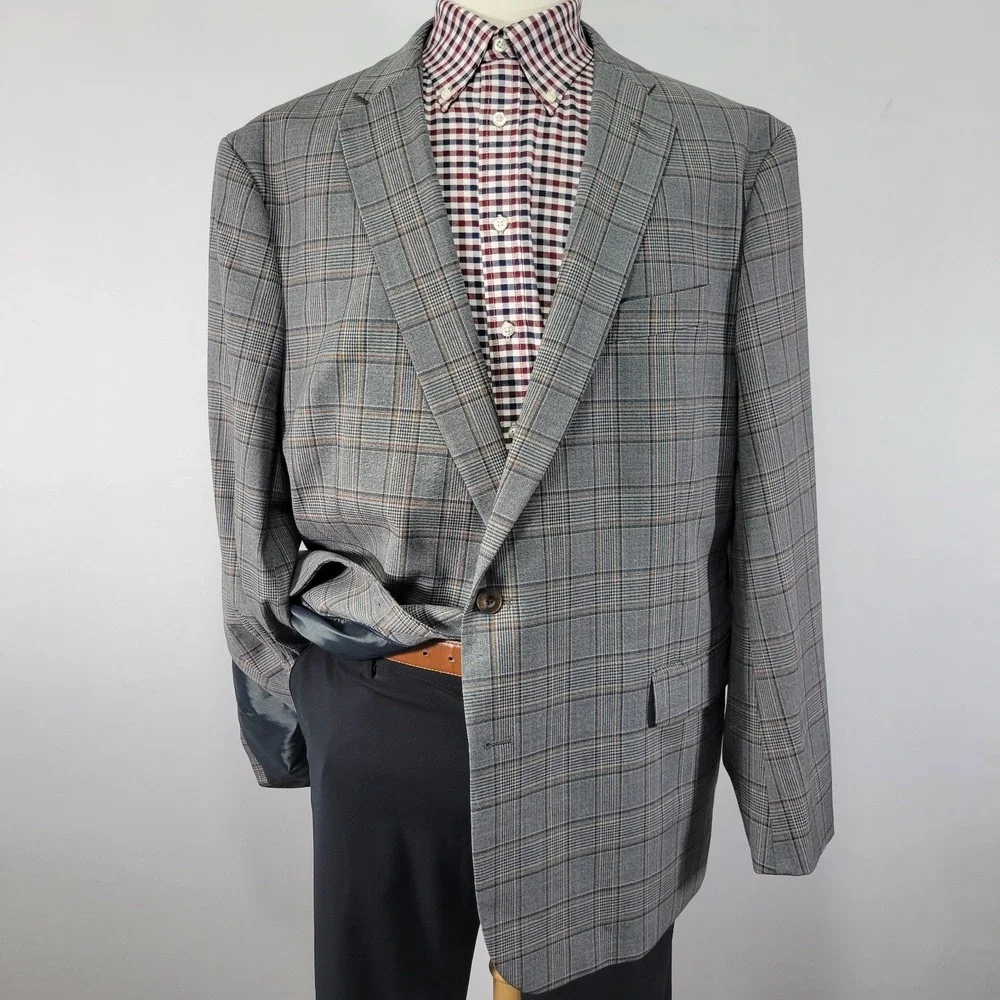 Stafford Mens Sport Coat Blazer Two Button Gray Plaid Poly Wool Size 52R Classic